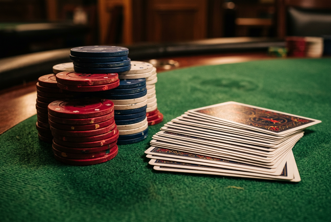 Detailní záběr na skládané pokerové žetony a vějíř hracích karet na zeleném plátně